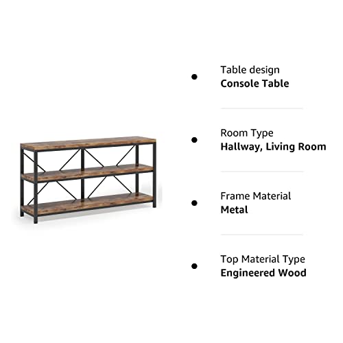 55 Inches Long Sofa Table with Storage Shelves, 3 Tiers Industrial Rustic Console Table with Open Shelves, Three Decorative Shelf, Open TV Shelf for Living Room, Hallway, Book Tribesigns