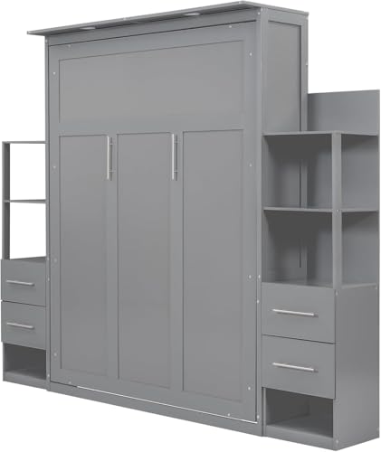 Queen Murphy Bed with Storage Drawers,LED Lights and Shelves,Wood Murphy Wall Bed Cabinet for Adults (Grey) MERITLINE