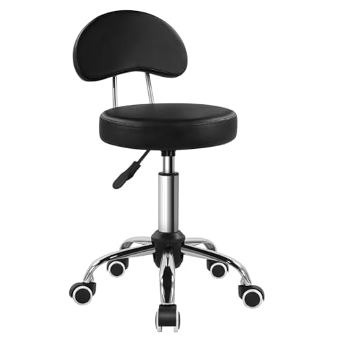 KKTONER Rolling Stool with Mid Back Height Adjustable Chair PU Leather Swivel Chair with Wheels for Office Home Task Drafting (Black) KKTONER