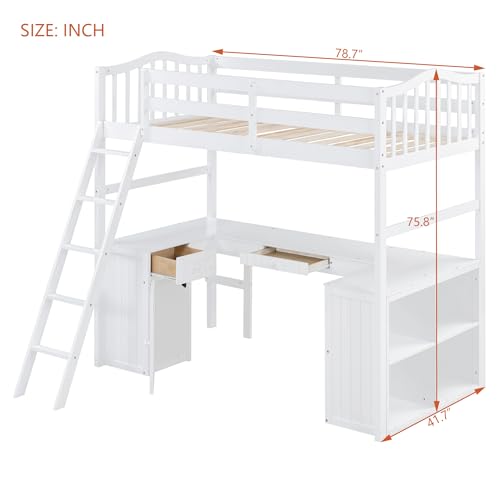 Merax Twin Size Loft Bed with Desk, Wooden Loft Bed Frame with Drawers, Cabinet, Shelves, and Desk, No Box Spring Needed, White Merax