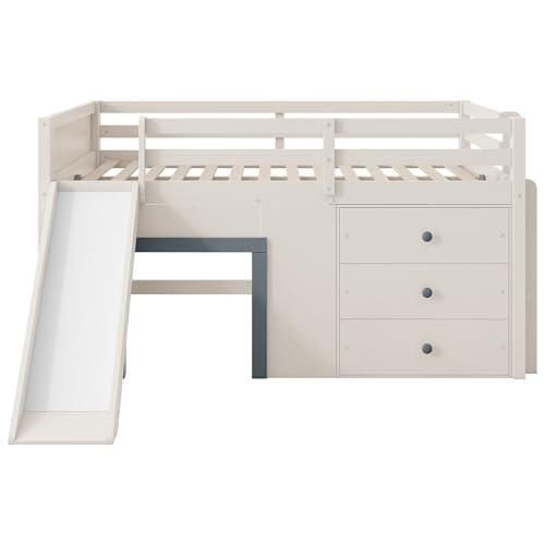 Quarte Full Size Kids Low Loft Bed with Slide,Three Storage Drawers and Two Doors,Solid Wood & MDF Construction, No Box Spring Needed Quarte