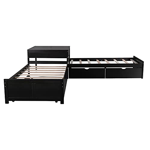 Harper & Bright Designs L-Shaped Platform Bed Frame with Trundle and Drawers Linked with Built-in Desk for Kids Boys Girls, Twin, Espresso Harper & Bright Designs