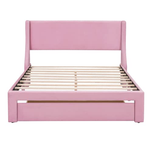 Anwick Queen Size Storage Bed Frame Velvet Upholstered Platform Bed with a Big Drawer, Upholstered Bed Frame with Strong Wooden Slats, No Box Spring Needed, Easy Assembly (Pink, Queen) Anwick