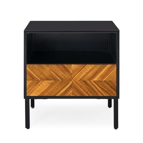 Bme Vivian Solid Wood Nightstand, End Table, Bedside Table with Herringbone Pattern for Rustic Bedroom, Easy Assembly, Rustic Golden Brown and Black Bme