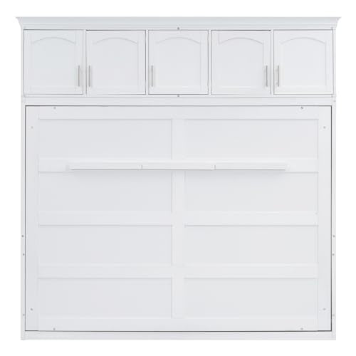 SOFTSEA Full Size Murphy Bed Cabinet with Storage, Solid Wood Murphy Bed with Shelves, Solid Wood Wall Bed Frame can be Folding into a Cabinet, Folding Wall Bed for Guestroom, White SOFTSEA