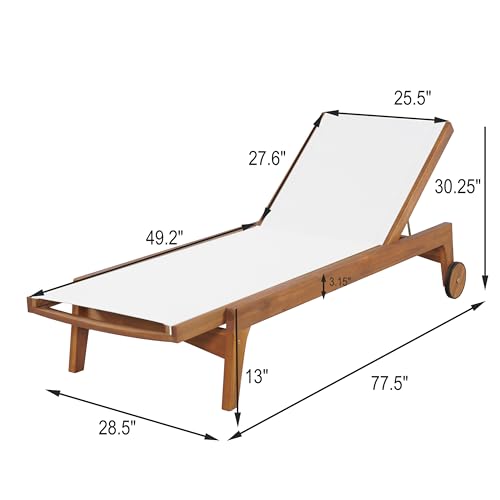 Christopher Knight Home Tristy Chaise Lounge Chair Outdoor, Acacia Wood Frame Sunbathing Pool Lounger, Adjustable Backrest Single Lounge Sofa, Patio Lounge Chaise for Poolside, White + Natural