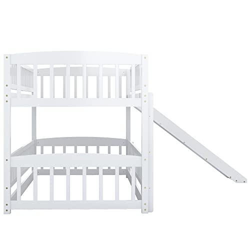 Merax Twin Over Twin Bunk Bed with Slide, Low Bunk Bed Frame with Convertible Ladder & Detachable Fence, Solid Pine Wood Structure for Bedroom, White Merax
