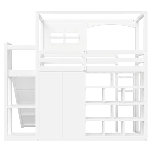 Merax Multifunction Wood Loft Bed with Wardrobe & Storage Shelves, Twin House Shaperd Loft Bed with Slide for Boys, Girls, No Box Spring Needed, Space Saving, White Merax