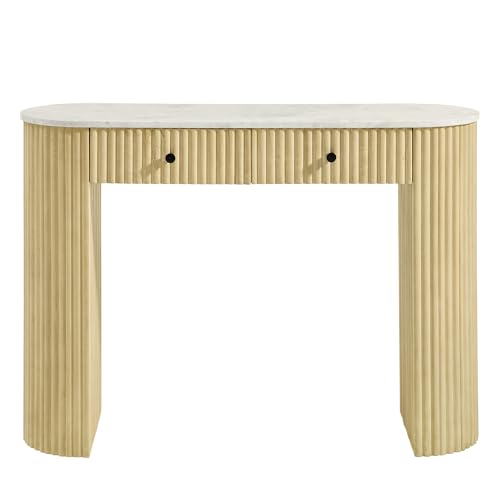Modway Caldera 42-Inch Curved Solid Wood Fluted Console Table in Natural with Oval Marble Top – Narrow Entryway Table with 2 Drawers Modway