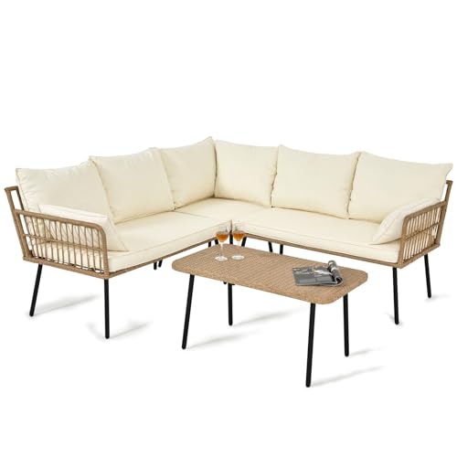 YITAHOME 4 Pieces Patio Furniture Set, Outdoor Rattan Woven Conversation Sectional L-Shaped Sofa with 5 Seater for Backyard, Porch, Boho Detachable Lounger with Cushions and Side Table - Beige YITAHOME