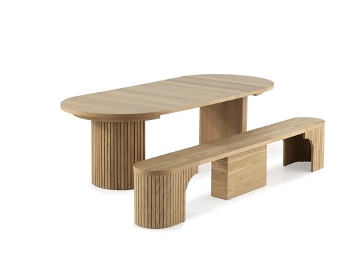 Transformer Table - Solid Wood Extendable Round Dining Table Set with Bench, Expandable Round Dining Set, Seats 4-10, Seat with Hidden Panel Storage, Natural (Table + Bench) Transformer Table