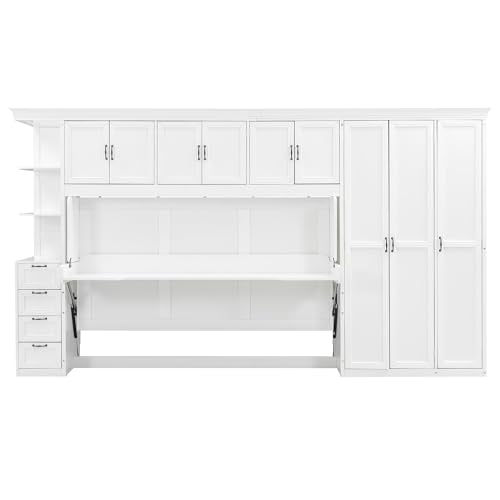Merax Murphy Bed Wall Bed with Wardrobe, Cabinet and Desk, Twin Size, White Merax