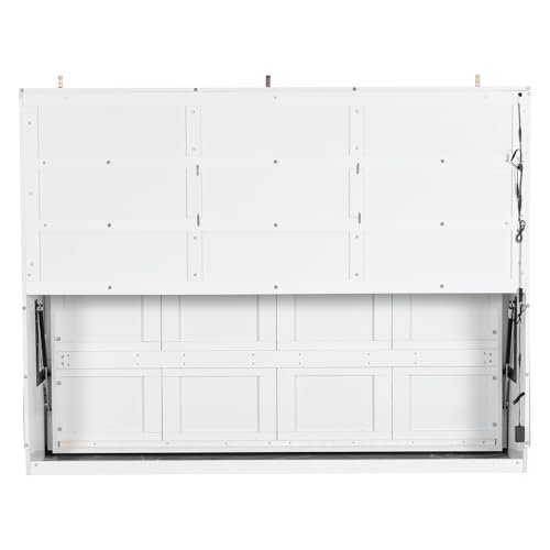 Merax Queen Size Murphy Bed with Storage Shelves and Light, Wooden Wall Bed Cabinet with Folding Sofa for Guest Room,Living Room and Bedroom Merax