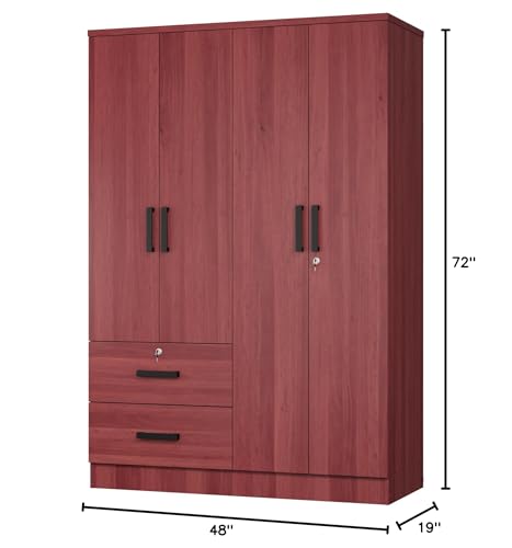4 Doors Wardrobe 2 Drawers with Shelves 48 inch Wide and 72 high (Mahogany) Woodpeckers Furniture And Mattress