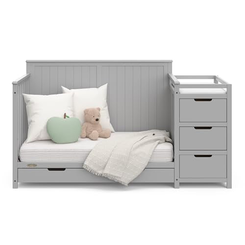 Graco Hadley 5-in-1 Convertible Crib & Changer – GREENGUARD Gold Certified, Fits Standard Crib Mattress, Converts to Toddler Bed and Full Bed, 4 Adjustable Mattress Heights (Pebble Gray)