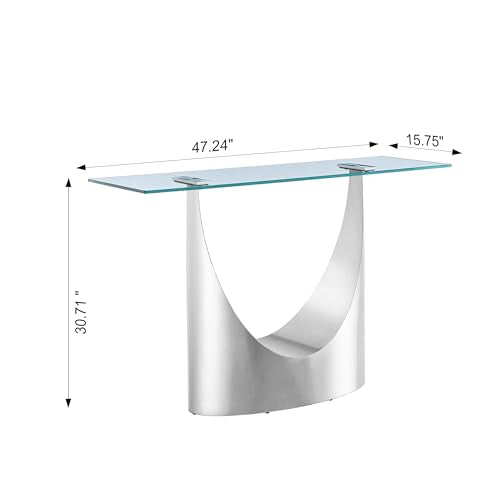 Modern Entryway Console Table with Tempered Glass Top & U Shape Stainless Steel Pedestal Base, Long Consle Table Behind Couch, Hallway Table for Entryway, Living Room Console Table, Foyer Table,Silver TehRecBT