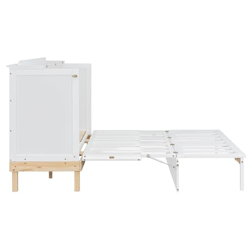 LZ LEISURE ZONE Queen Size Murphy Bed, Wood Cabinet Bed with Legs, White LZ LEISURE ZONE