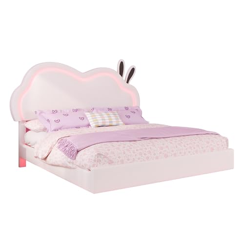 AMERLIFE Floating Twin Bed Frame with Adjustable RGB LED Headboard, Leather Upholstered Platform Bed for Kids/Girls,Wood Slats Support, No Box Spring Needed, Easy Assembly, White AMERLIFE