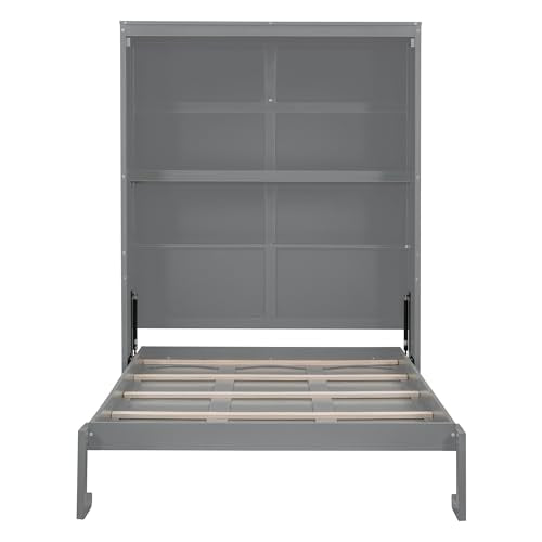 Ball & Cast Full Size Murphy Bed Wall Bed with Shelves and Mattress Holder,Wood Hideaway Cabinet Chest w/Slat Support,can be Folded,for Small Room,Dorms,Gray Ball & Cast