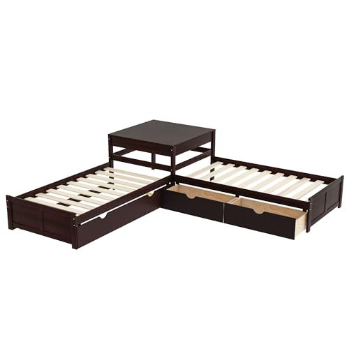Harper & Bright Designs L-Shaped Platform Bed Frame with Trundle and Drawers Linked with Built-in Desk for Kids Boys Girls, Twin, Espresso Harper & Bright Designs