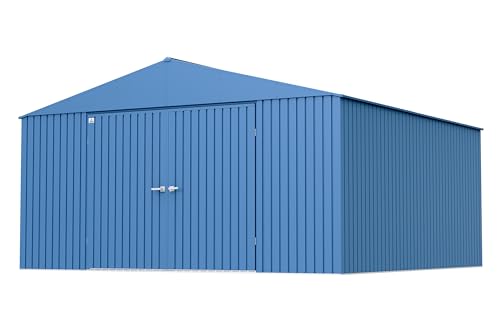 Arrow Shed Elite 14' x 14' Tall Outdoor Steel Storage Shed with High Gable and Lockable Doors Storage Building, Blue Grey Arrow