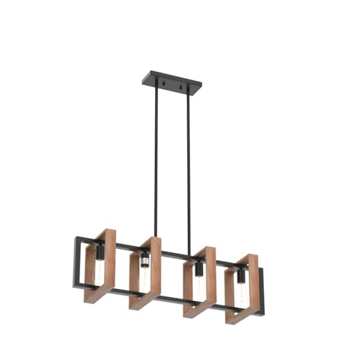 Dining Room Light Fixture Farmhouse Pendant Lights Kitchen Island Rustic Kitchen Light Fixtures 4 Lights Wood and Black Metal Rectangular Chandelier Ceiling Hanging Lighting 35.4" Poroulux