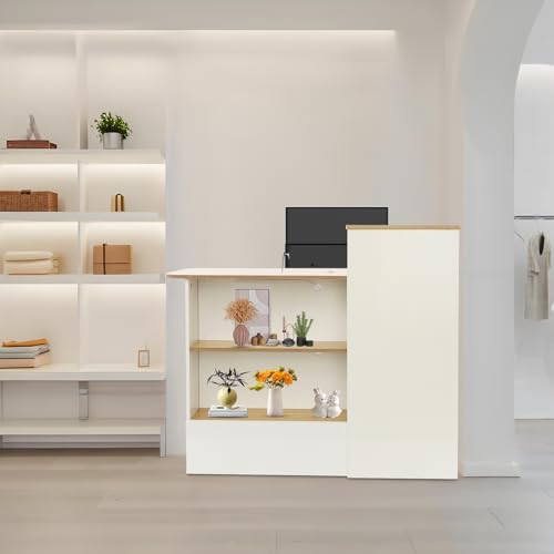 47In Reception Desk with LED Lights, L-Shaped Modern Front Table Reception Room Table with Cable Grommet & Lockable Drawers, Retail Checkout Counter for Lobby Salon Office AngelcityCC