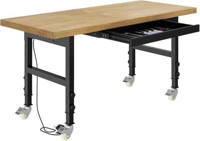 Pelnuies 60" Work Bench with Wheels, Adjustable Height Workbench with Drawers, Heavy-Duty Thick Wood Work Table with Power Outlets, 2000 LBS Capacity Workstation for Garage, Workshop, Office, Home
