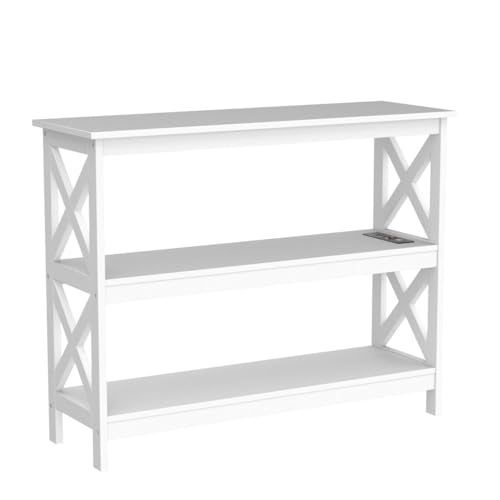 Yaheetech Entryway Table with Storage Shelves, Console Table with Power Outlets and USB Ports, Wood Narrow Sofa Table with X-Shaped Design for Living Room/Hallway/Couch, White Yaheetech