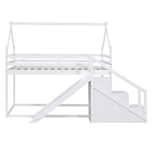 Merax House Shaped Junior Bunk Bed Frame Twin Over Twin with Slide and Storage Stairs, Wood Low Bunkbed with Full-Length Guardrails and Roof Design for Teens, Boys, Girls, No Box Spring Needed, White Merax