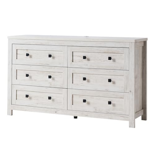 LUXOAK Farmhouse 6 Drawers Dresser, Wood Rustic Chest of Drawers for Bedroom, Closet Storage Dressers Organizer, 6 Drawers Chest for Living Room, Hallway, Rustic White LUXOAK