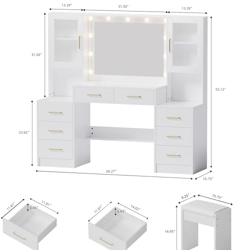 58.3" Large Vanity Desk with Mirror & Lights, Makeup Vanity with 10 LED Lights, 8 Metal Sliding Drawers & 2 Cabinets, White Vanity Set with Stool & Power Outlet 3 Lighting Modes Adjustable Brightness UGTOO