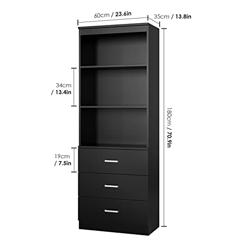 FOTOSOK 71 Inches Tall Vintage Storage Cabinet with 3 Drawers and Open Shelves - Elegant Wooden Bookshelf Organizer in Black FOTOSOK