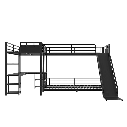 MERITLINE Full Over Full(XL) L-Shaped Metal Bunk Bed with Desk and Slide, Heavy Duty Triple Bunk Bed with Storage Shelves, L-Shaped Bunk Bed for Teens Adults, Space Saving and Quiet Design, Black MERITLINE