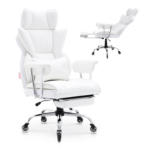 VEVOR Reclining Office Chair with Footrest, Heavy Duty PU Leather Oversize Office Chair, Big and Tall Executive Office Chairs with Lumbar Support, Strong Metal Base Quiet Wheels, White VEVOR