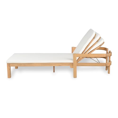 Christopher Knight Home Kayas Acacia Wood Chaise Lounge with Adjustable Backrest, 77.5" Outdoor Sun Lounger with Cushion, Patio Lounger Recliner Chair for Poolside Lawn, Light Teak+Cream, Set of 2