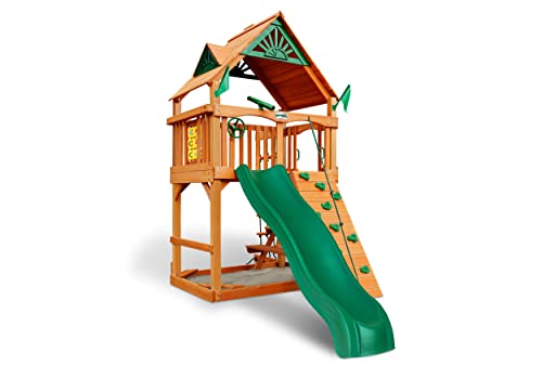 Gorilla Playsets 01-0061-AP Chateau Tower Wooden Play Tower with Wood Roof, Slide, and Climbing Wall, Brown Gorilla Playsets