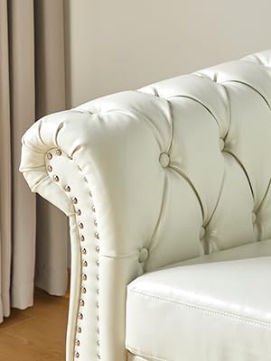 RUSTYER Chesterfield 3 Seater Sofa, Modern Leather Tufted Couch 3 Seater with Rolled Arms and Nailhead Mid-Century Upholstered Couch for Living Room, Bedroom, Apartment and Office, White RUSTYER
