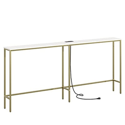 Masupu 70.9 Inch Console Table with Power Outlet,Modern Narrow Long Sofa Table Behind Couch,Skinny Entry Table with Gold Metal Frame for Entryway,Living Room, Hallway,Classic White