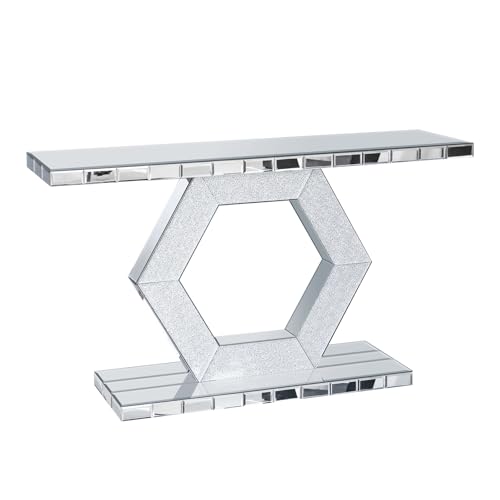 55'' Mirrored Console Table Long Mirrored Sofa Table for Living Room Office, Hexagon Design Crystal Accents, Modern Entryway Console Desk for Hallway Entrance, 55''x14.2'' Glass Top Henf