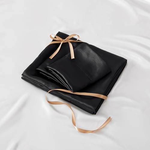BEDELITE Satin Sheets Queen Size Bed Set, Luxury Soft Black Silky Sheets for Hair and Skin, Similar to Silk Bed Sheets Set 4 Pieces with 1 Deep Pocket Fitted Sheet, 1 Flat Sheet, and 2 Pillowcases BEDELITE