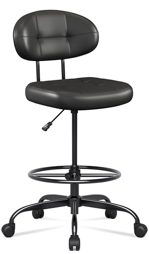 Misolant Drafting Chair Without Arms, Tall Office Chair with Footrest Ring for Standing Desk, Small Faux Leather Executive Office Chair with Adjustable Height for Bar Lab Counter Height Desk, Black Misolant