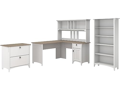 Bush Business Furniture Salinas 60W L-Shaped Desk Set with Hutch, File Cabinet, and Bookcase in Shiplap Gray and Pure White Bush Business Furniture