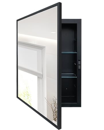 KIMREAL Recessed Medicine Cabinets with Mirror, Black Bathroom Mirror with Storage, Rectangle Medicine Cabinet Mirror, Farmhouse Framed Wall Mirror Recessed or Surface Mount, 16x20 Inch KIMREAL