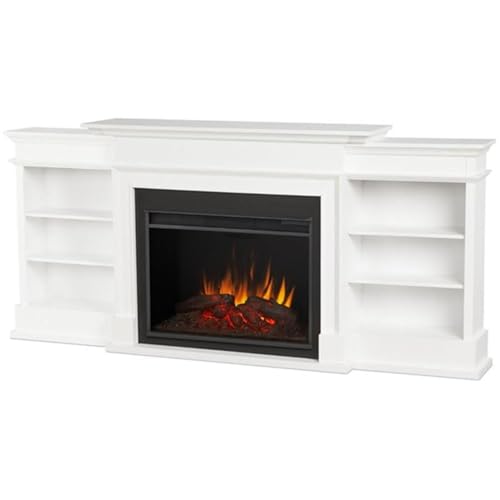 BOWERY HILL 92" W Modern Wood Electric Fireplace TV Stand with Mantel & Remote Control, 6-Feet Power Cord and Hardware, 5 Flame Brightness Levels, for TVs up to 85", in White & Black Finish BOWERY HILL