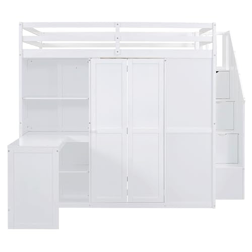 Harper & Bright Designs Full Size Loft Bed with Stairs and Desk, Wood Full Loft Bed with Wardrobe & Storage Shelves, Full Storage Bed for Kids Teens, White Harper & Bright Designs