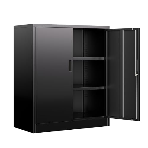 BESFUR Metal Garage Storage Cabinet with 2 Locking Doors and 2 Adjustable Shelves, 36" Black Metal Short Storage Cabinet for Home Office,Garage,School,Utility Room BESFUR
