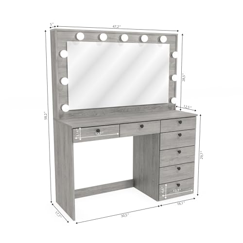 Boahaus Isolde Large Greige Makeup Vanity Desk with Lights, 7 Drawers, USB and Power Outlet, Large Top, Vanity Mirror with Lights Built-in, Farmhouse, Crystal Knobs, 58.2'' H x 47.2'' W x 17.7'' D Boahaus