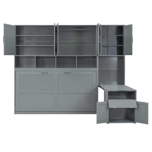 Harper & Bright Designs Twin Size Murphy Bed, Wooden Twin Wall Bed Frame with Closet, Drawers & Desk, Gray Harper & Bright Designs