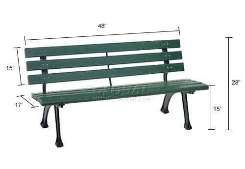 Global Industrial 4'L Outdoor Park Bench with Backrest, Recylced Plastic Slats, Wrought Iron Frame, 1100 lbs Capacity, Green, Surface Mount, Easy Assembly Global Industrial